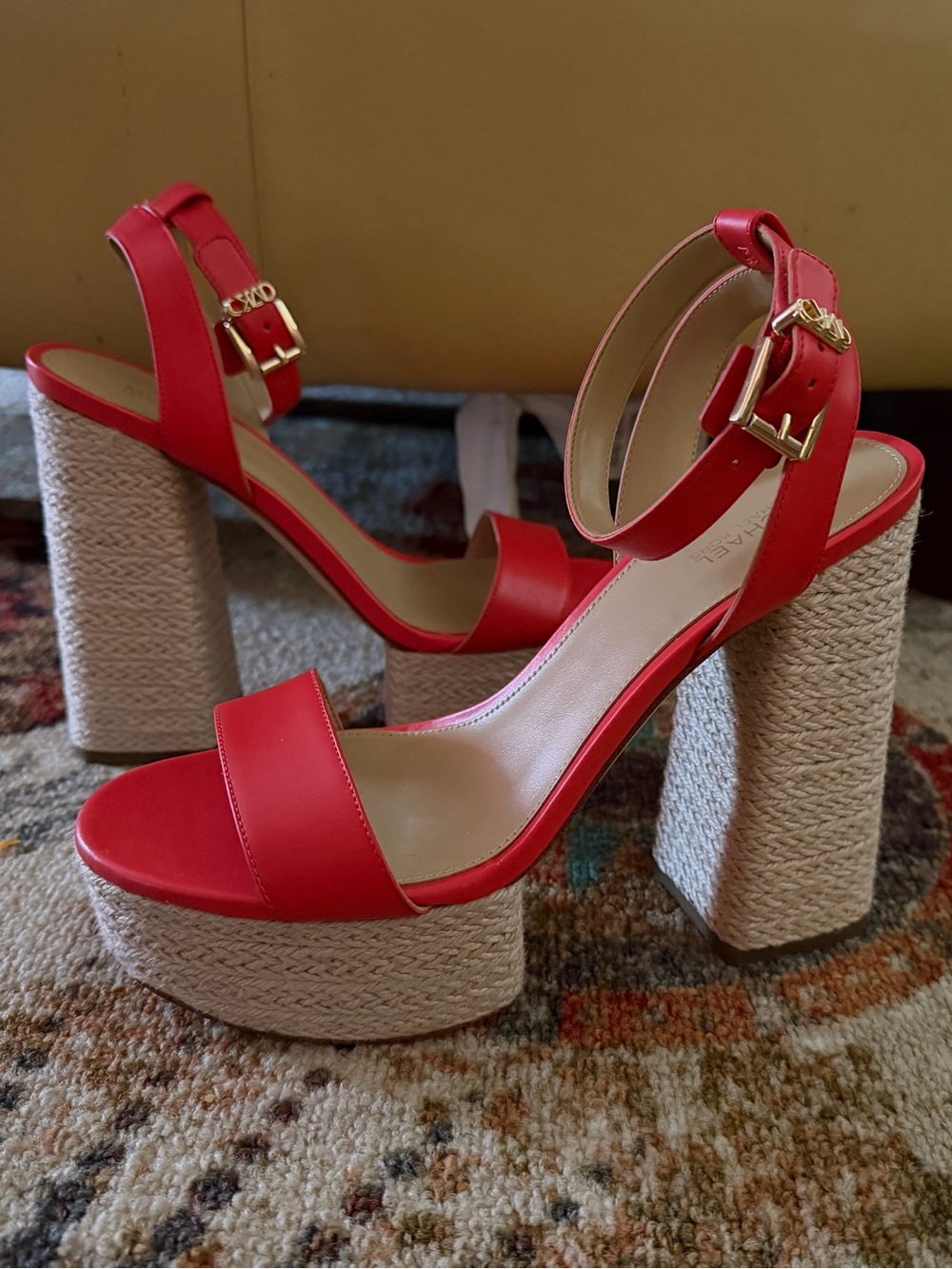 New Michael Kors Red Ankle-Strap Ashton Platform Sandals with Woven Block Heel